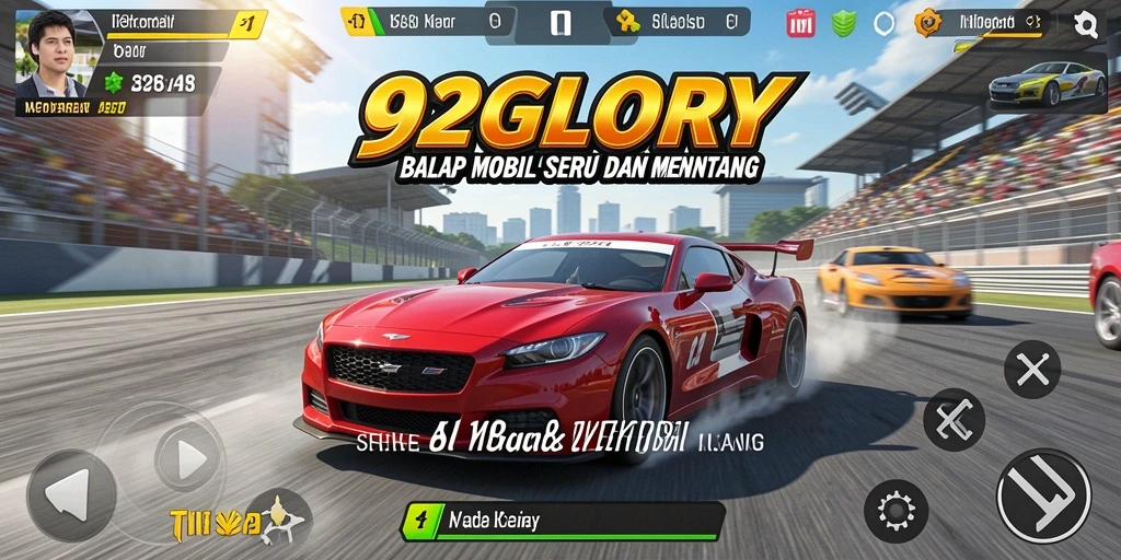 Tangkapan layar utama dari 92GLORY menampilkan aksi balapan yang mendebarkan.
