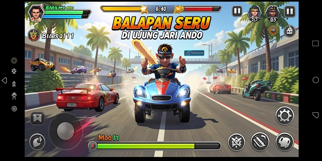 Tampilan gameplay menegangkan dari BIMA11 dengan balapan seru dan aksi mendebarkan.