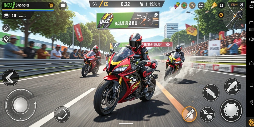 Gameplay seru balap motor di IN22 dengan grafis menarik.