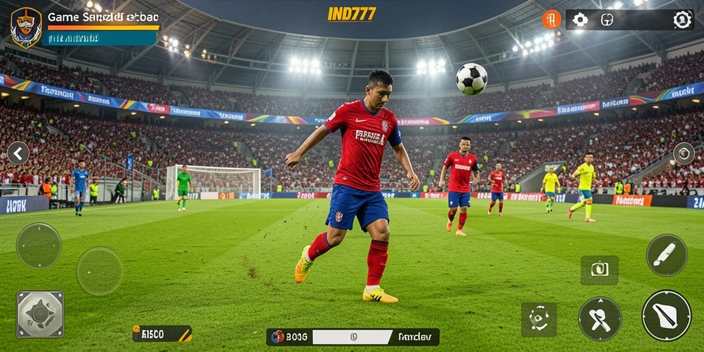 Tampilan gameplay penuh aksi dalam pertandingan sepak bola.